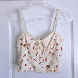 Thirty Thirty LA Cream Cherry Picnic Lace Trim Smocked Corset‎ Crop Top Sz L